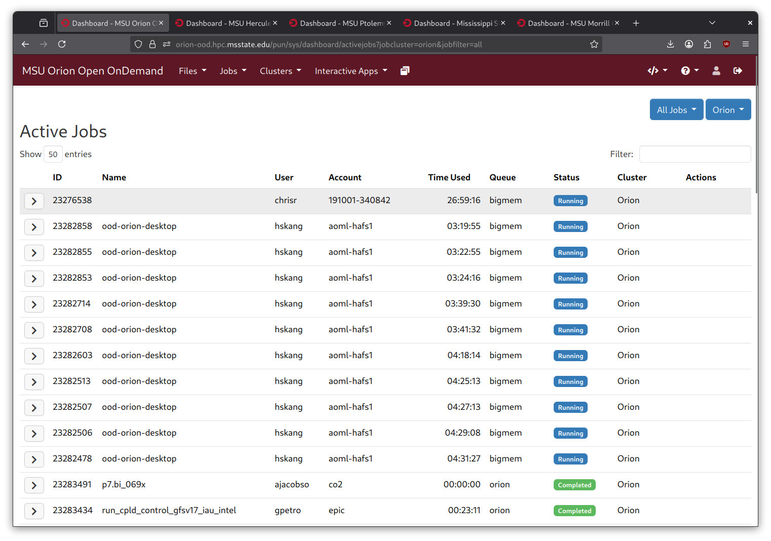 The Active Jobs table, with a row per job showing its ID, name, user, account, time used, queue, status, and cluster, and a filter box above