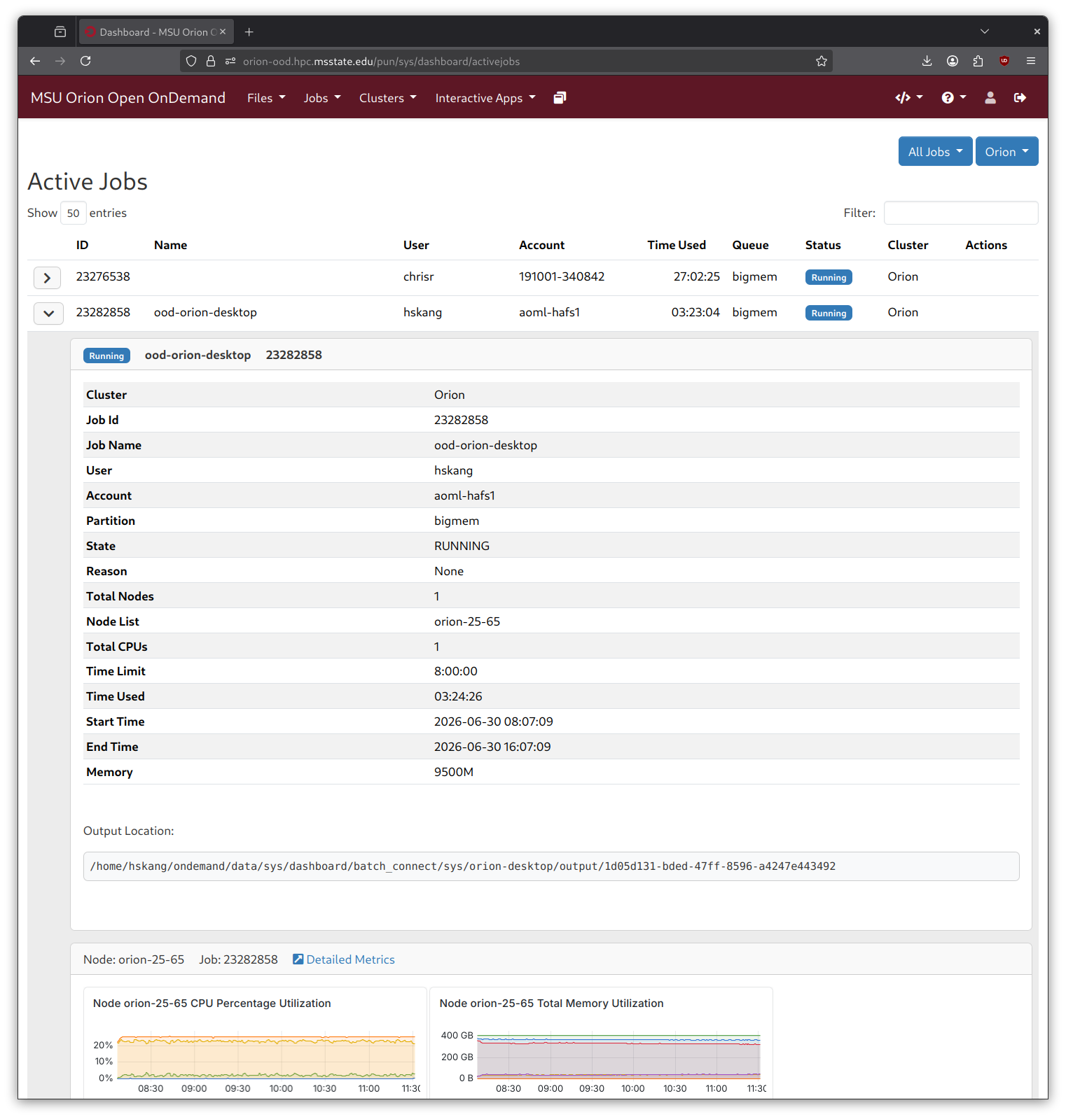 An expanded job row listing cluster, job ID, partition, state, node list, CPU count, time limit, and memory, followed by the output location and per-node CPU and memory utilization graphs