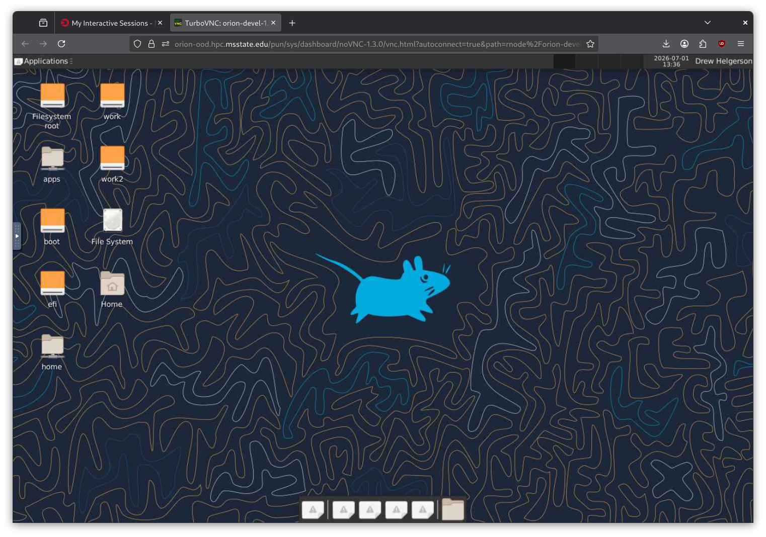 Virtual desktop session running in a browser tab, showing a Linux desktop with icons for the home, work, and filesystem root directories