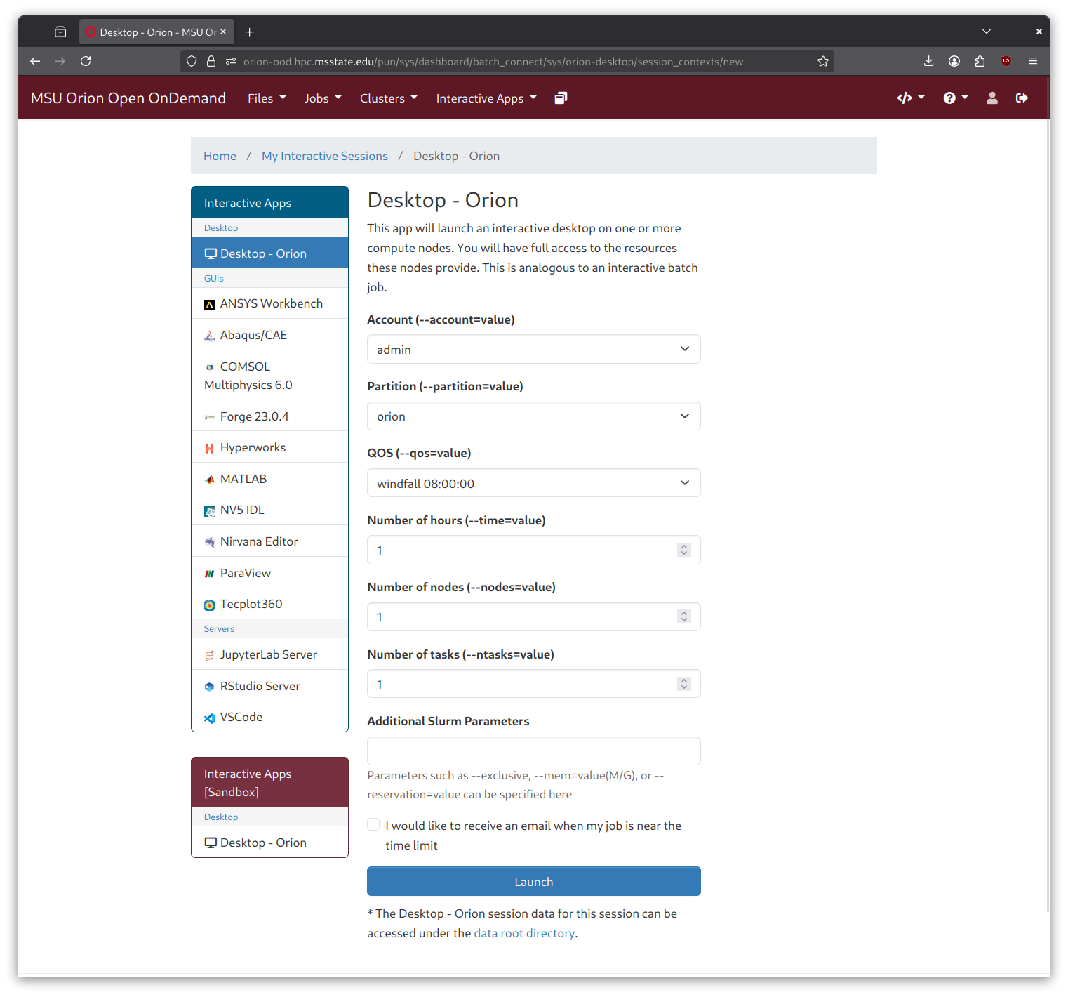 The desktop session submission form, with dropdowns for account, partition, and QOS above numeric fields for hours, nodes, and tasks, a free-text field for additional Slurm parameters, and a Launch button