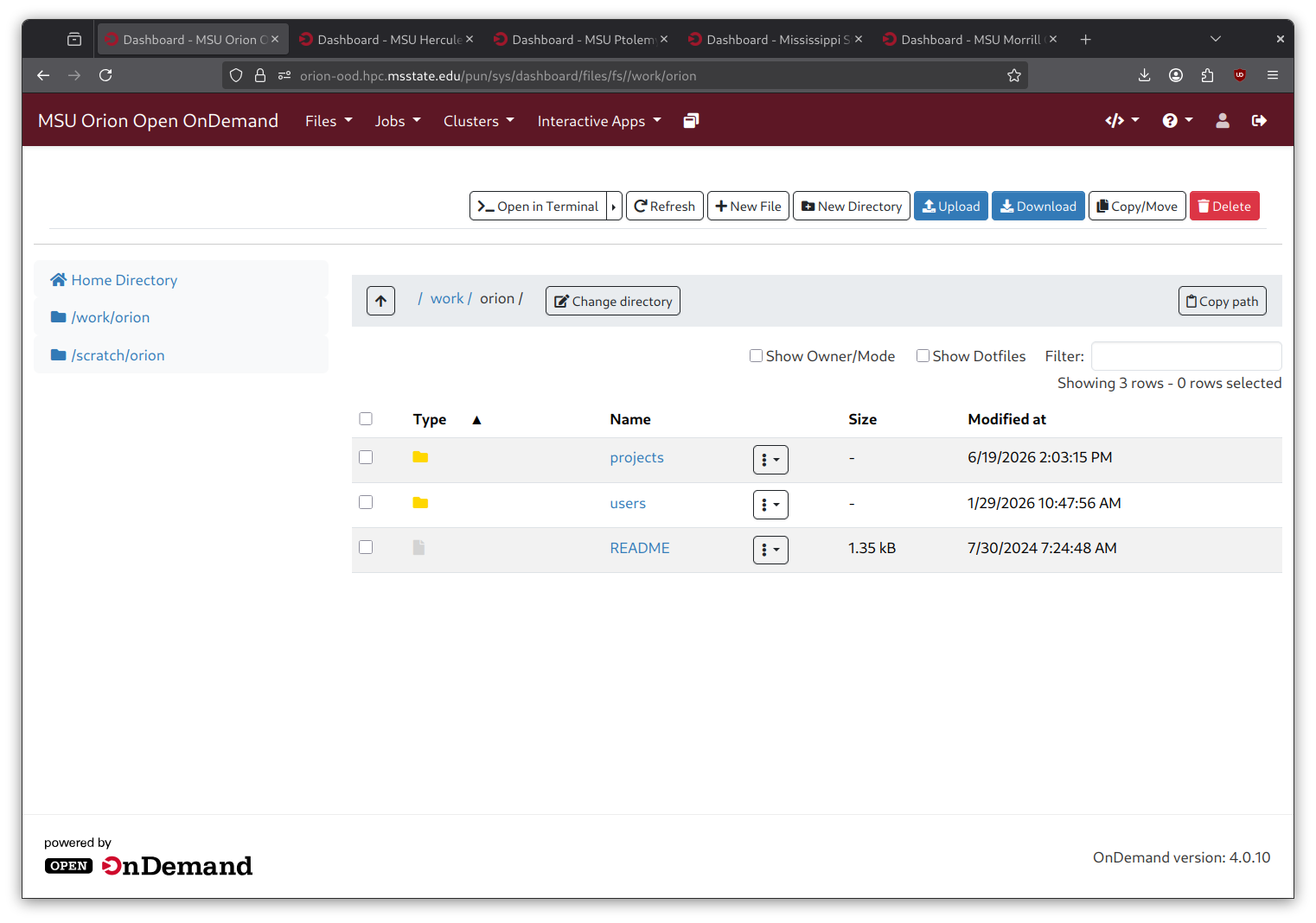 The OnDemand file browser listing a directory's contents by type, name, size, and modification date, with buttons for Open in Terminal, Refresh, New File, New Directory, Upload, Download, Copy or Move, and Delete