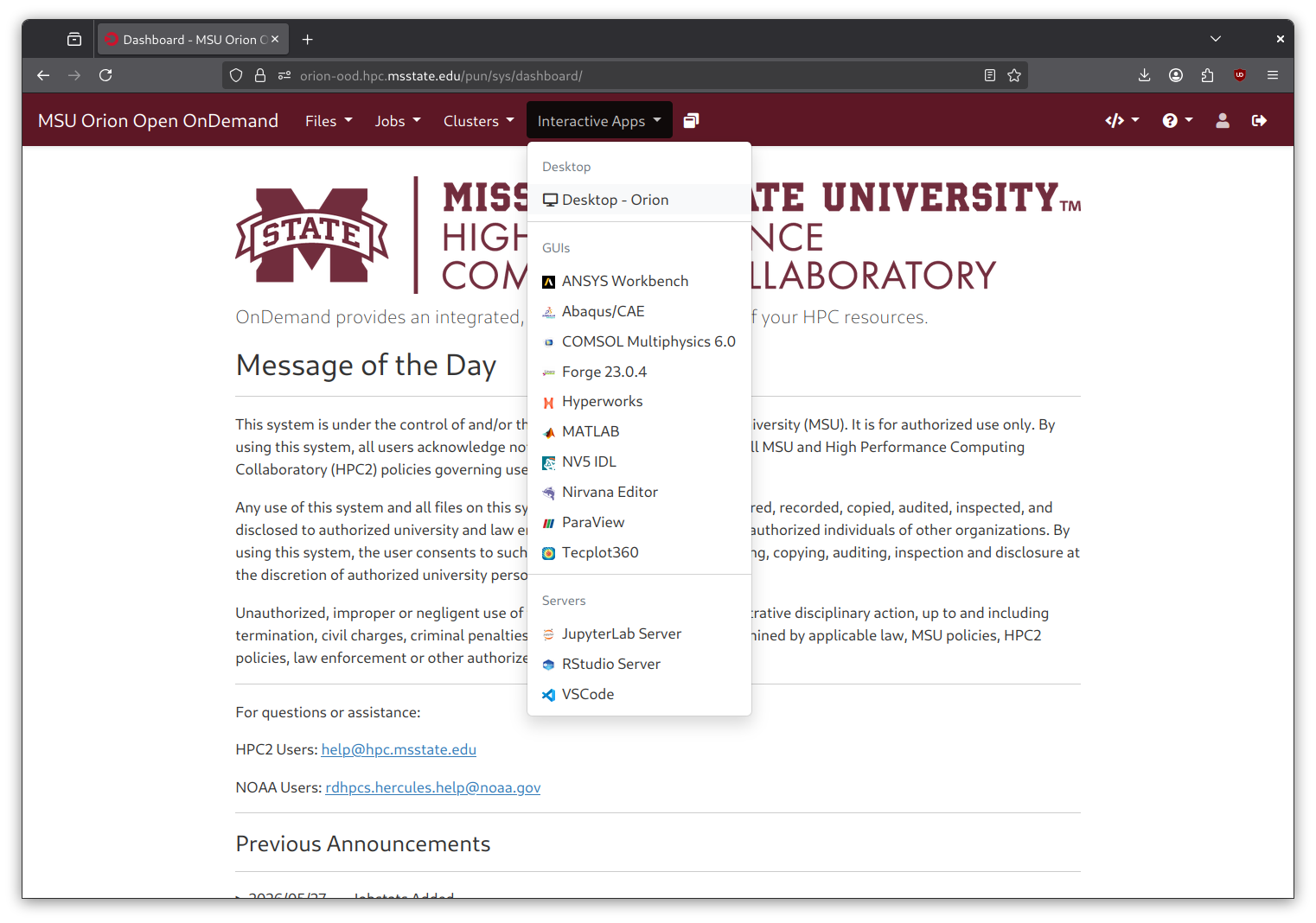The OnDemand Interactive Apps menu expanded, grouping the available applications under Desktop, GUIs, and Servers headings
