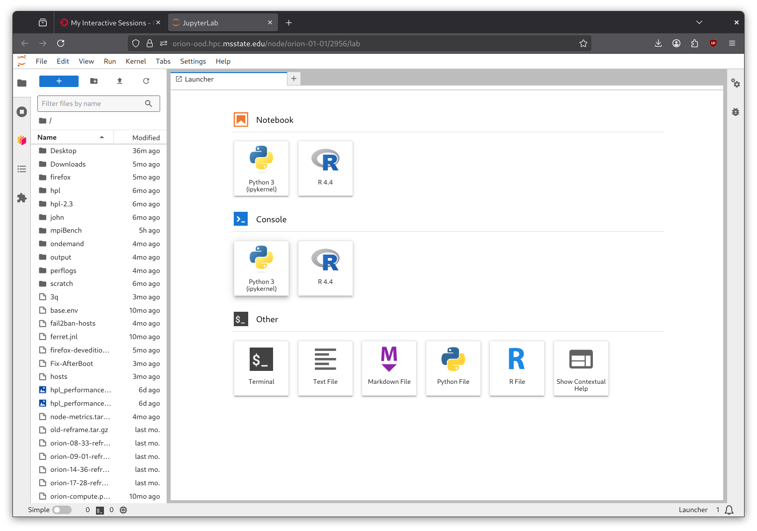 JupyterLab open in the browser, with the file browser sidebar on the left and the launcher showing Python and R notebook, console, and file options