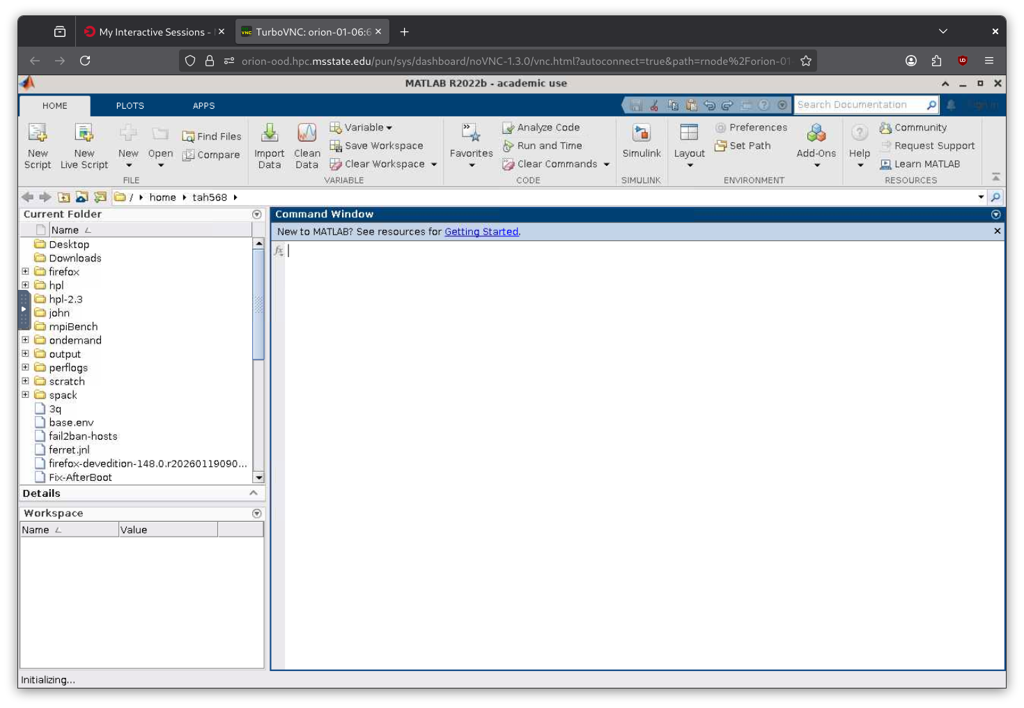 MATLAB running as a standalone application window in the browser, with the Current Folder panel on the left and the Command Window on the right